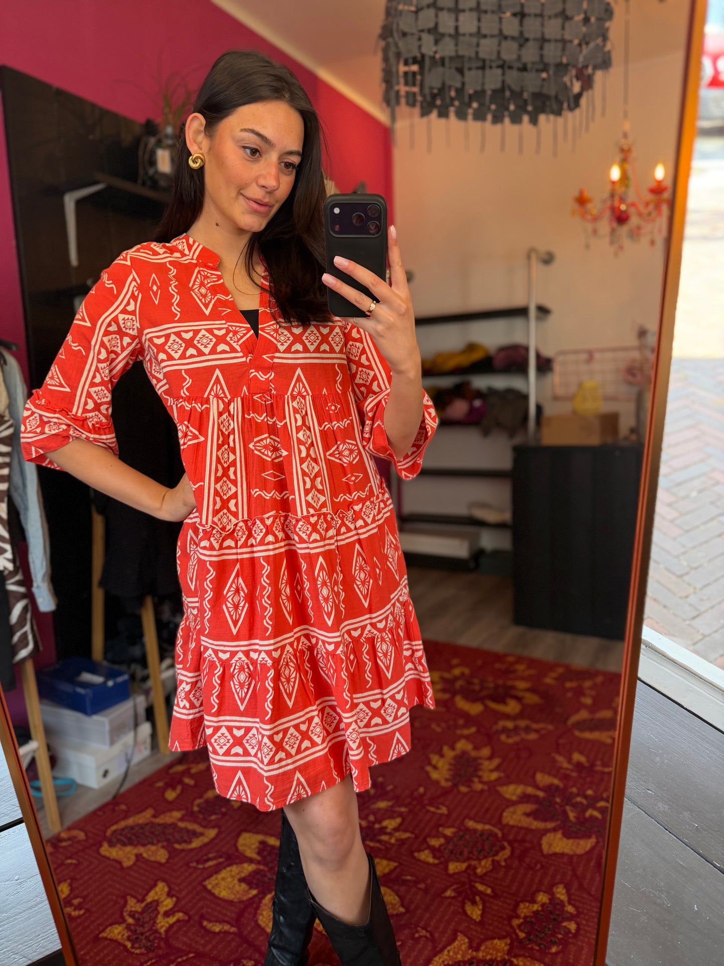 506-16 Rood witte jurk maat 40