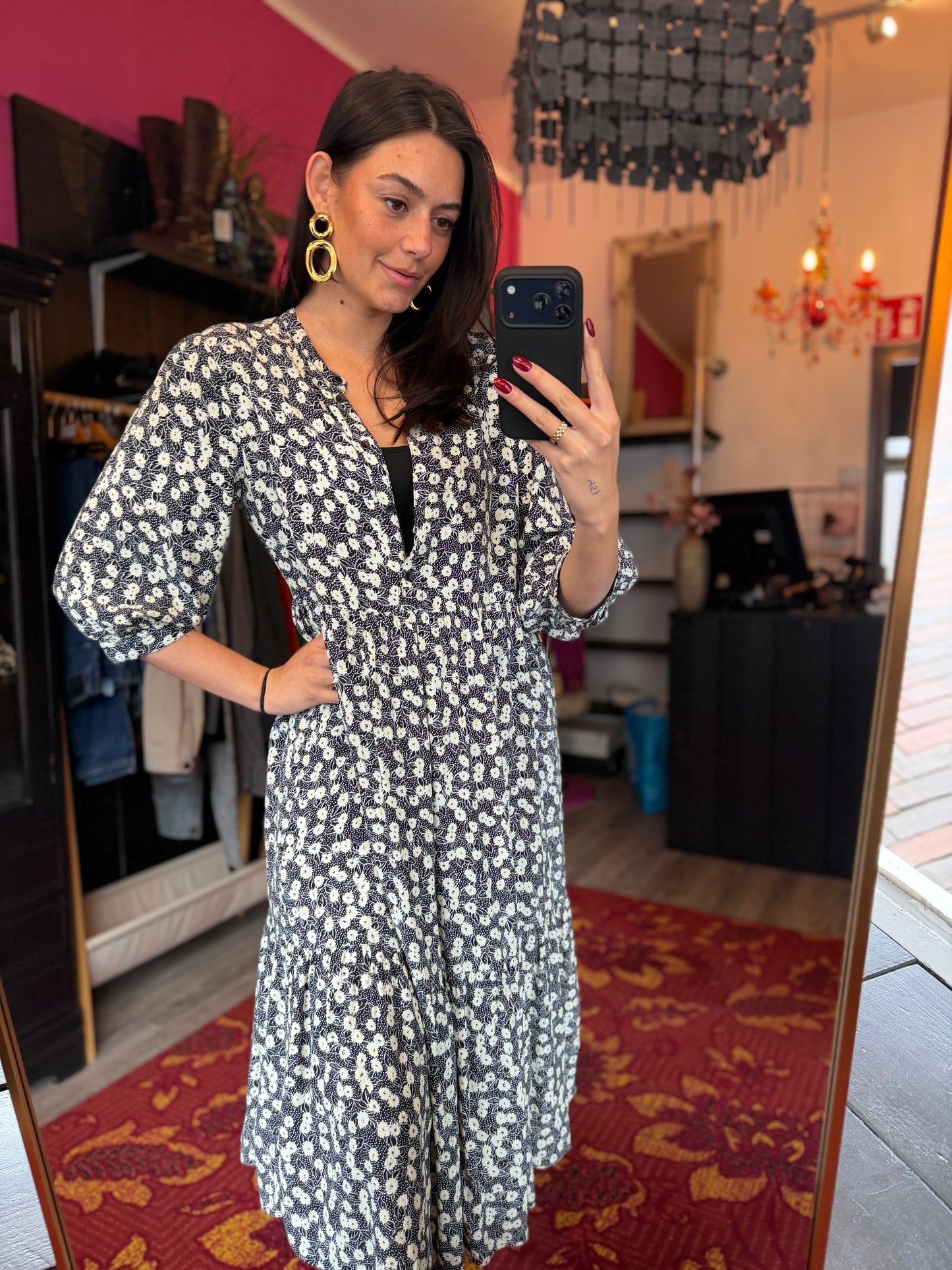 506-8 Wit blauwe bloemen jurk maat M/L