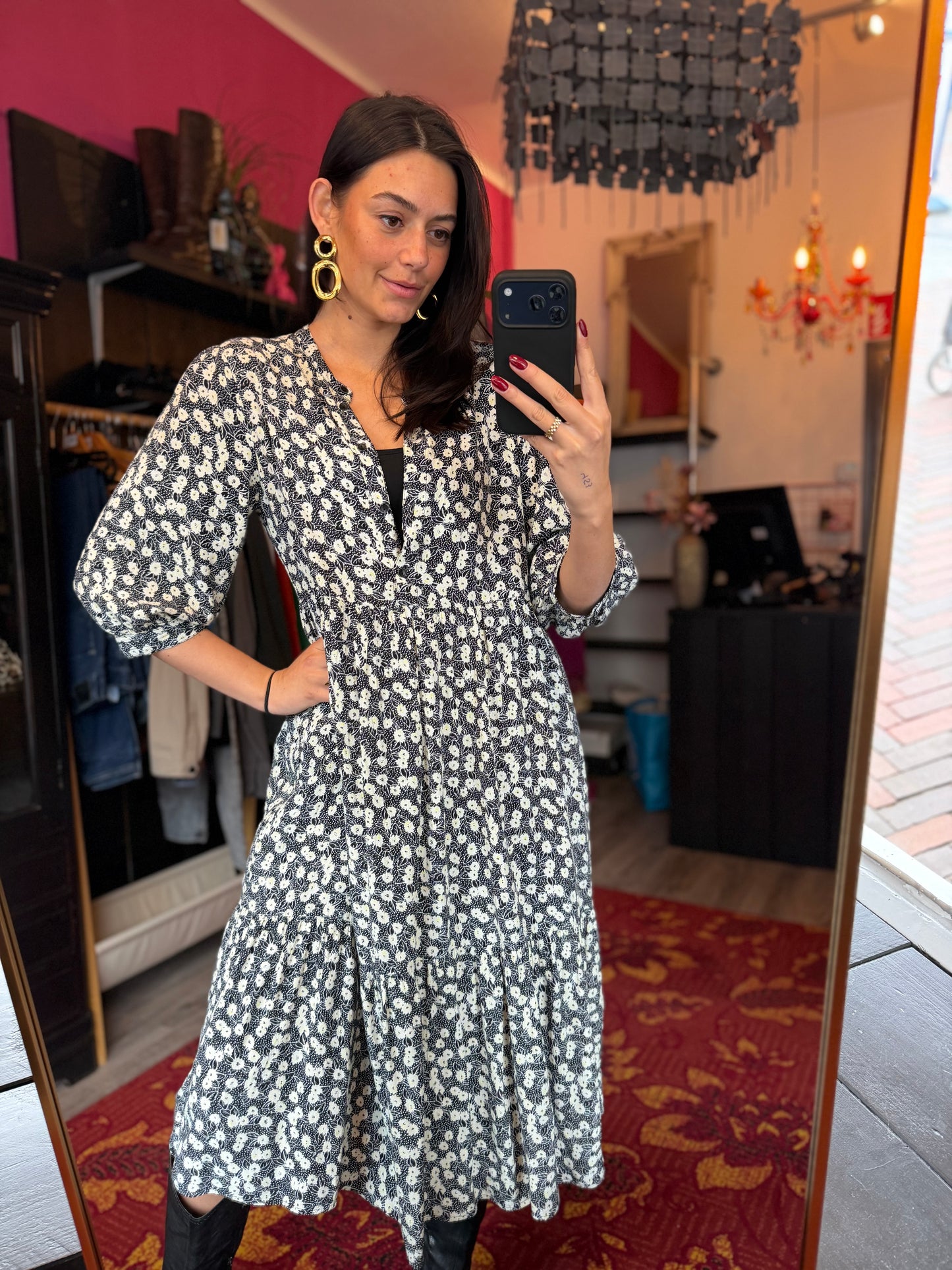 506-8 Wit blauwe bloemen jurk maat M/L