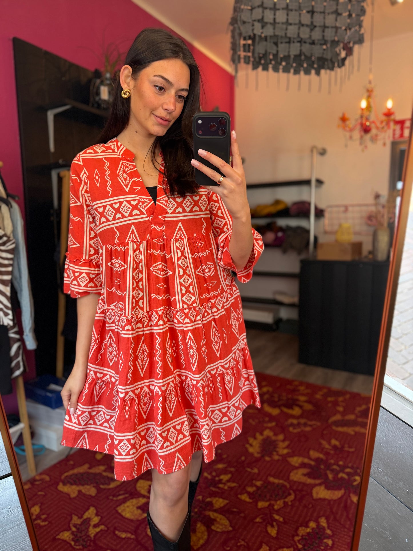 506-16 Rood witte jurk maat 40