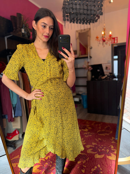 506-9 Gele jurk zonnebloemen maat M/L