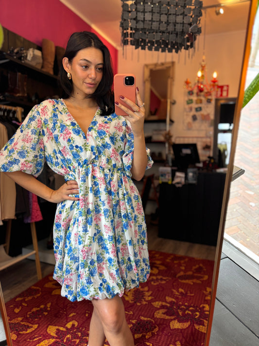 459-30 Bloemen jurkje donkerblauw maat XL t/m 4XL