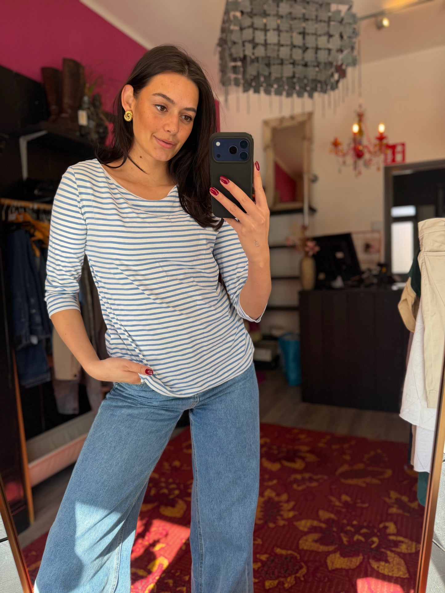 53-51 Streepjes top blauw maat L